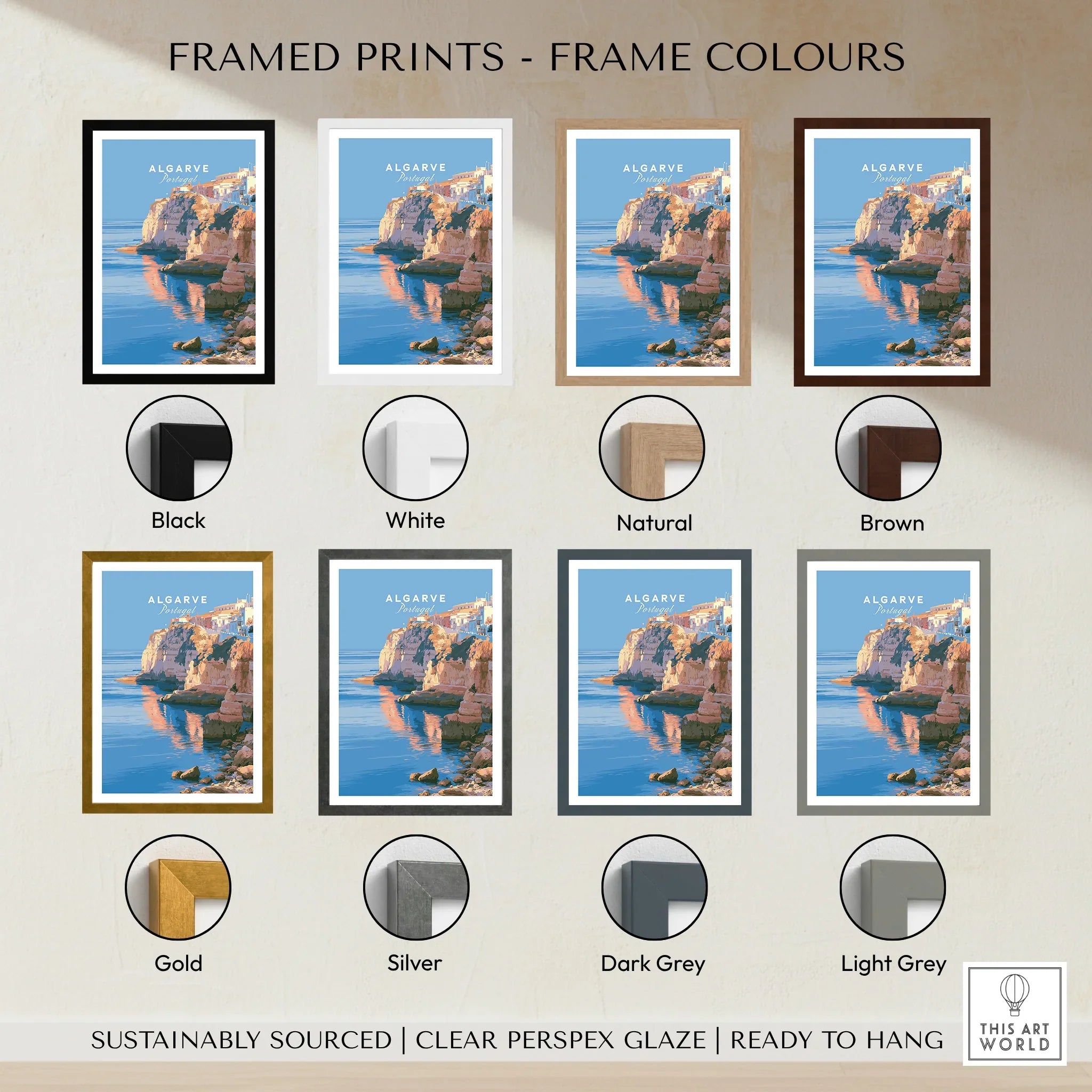 Algarve Portugal Coastal Cliffs Travel Poster — framed print colour options