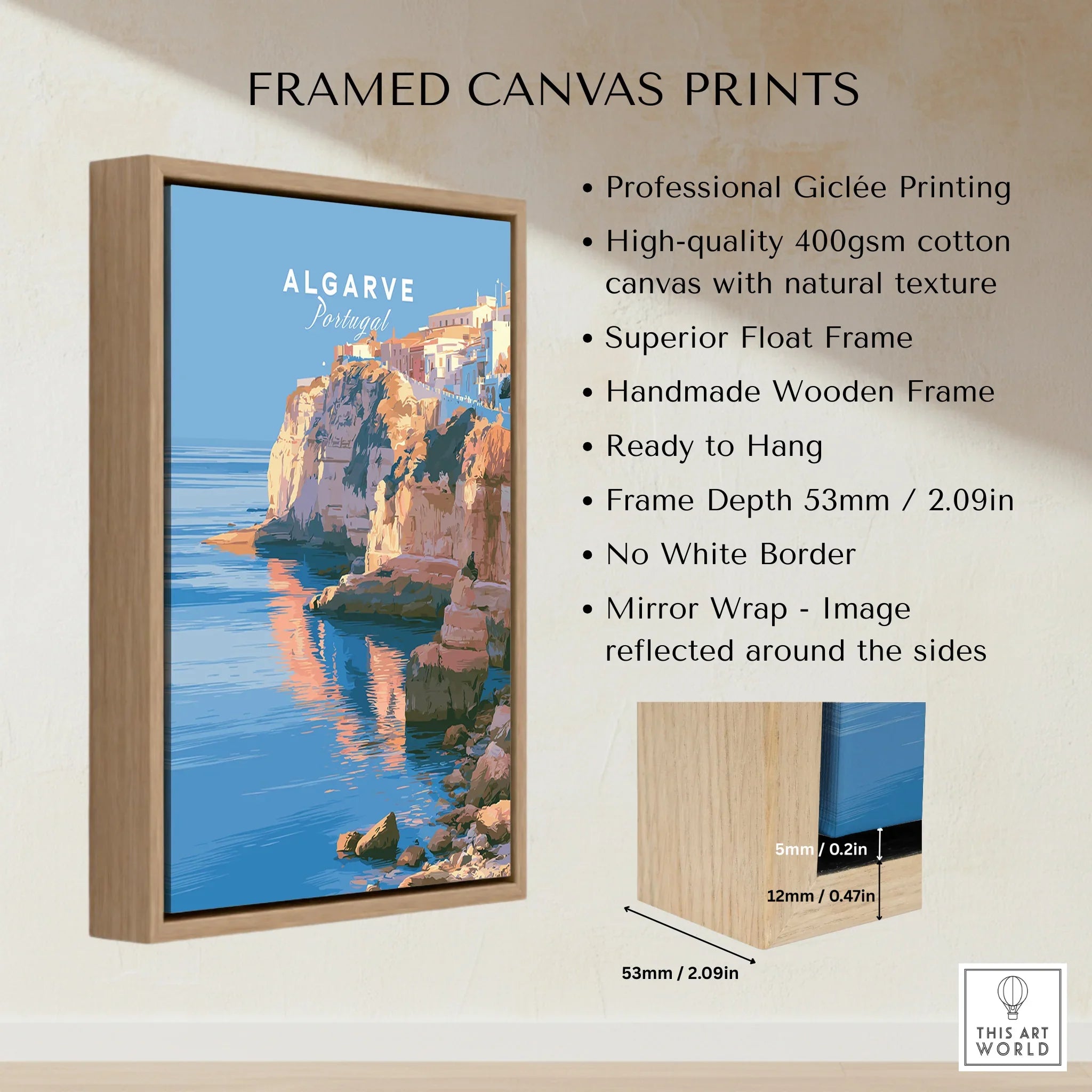 Algarve Portugal Coastal Cliffs Travel Poster — framed canvas float frame details quality