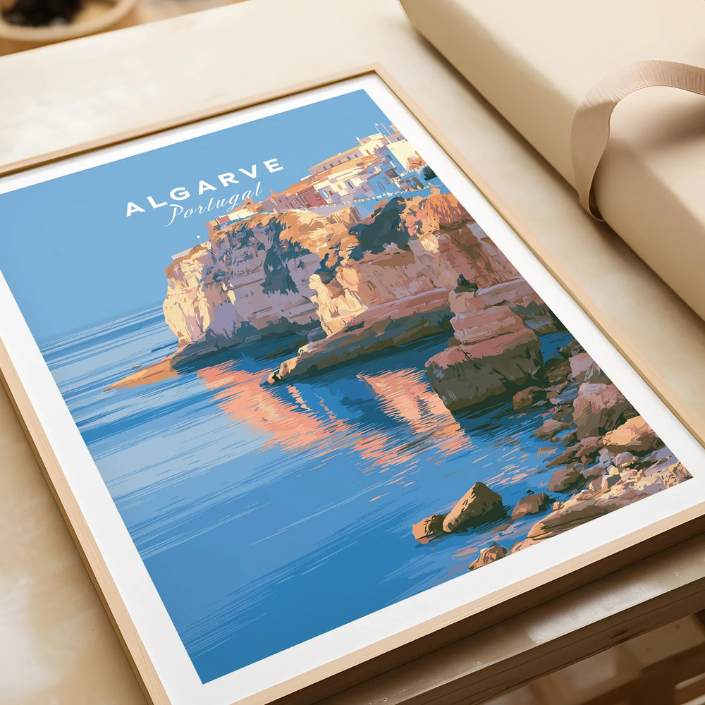 Algarve Portugal Coastal Cliffs Travel Poster — framed art print closeup gift unwrapped natural frame