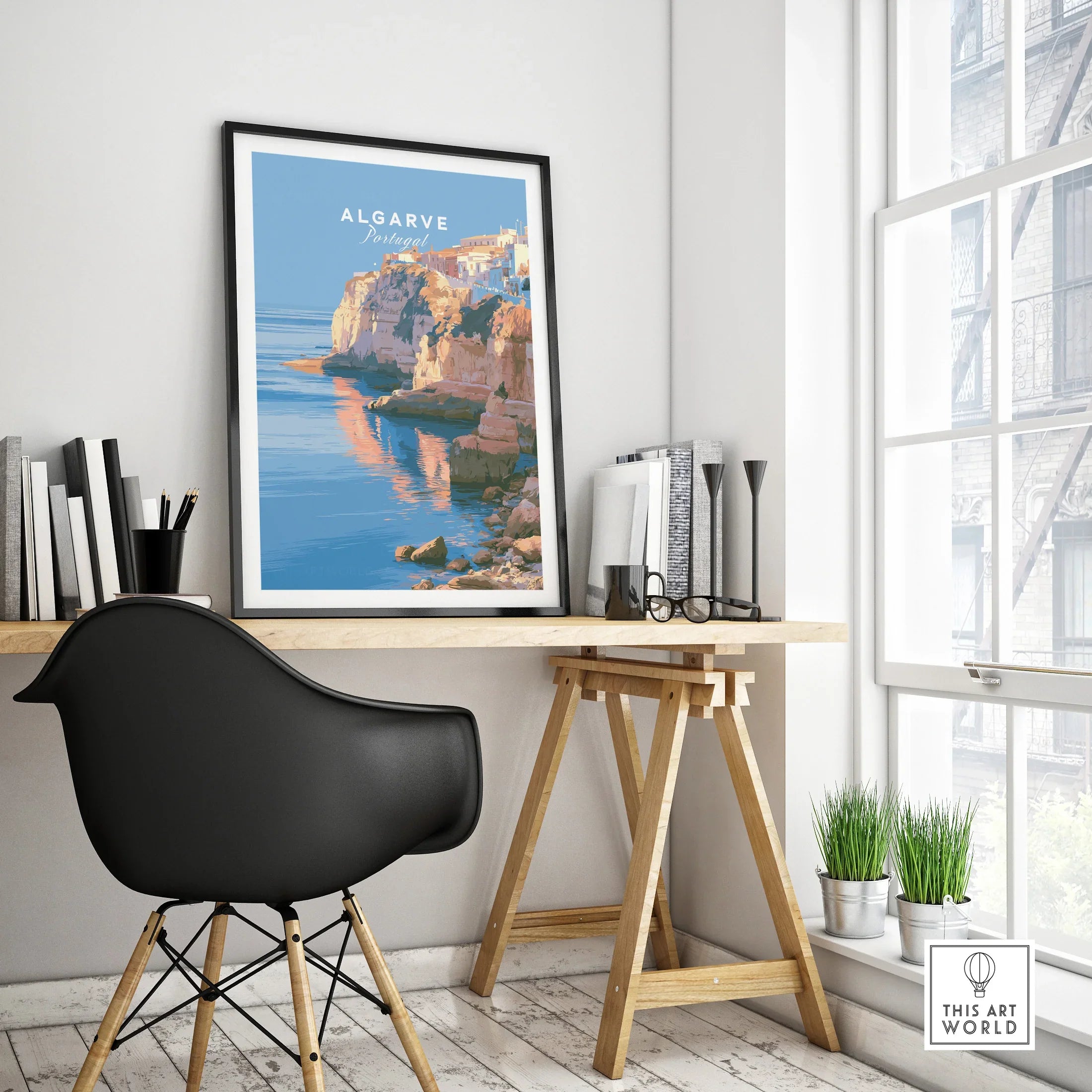 Algarve Portugal Coastal Cliffs Travel Poster — framed poster black frame on office desk modern