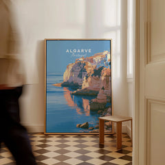 Algarve Portugal Coastal Cliffs Travel Poster — framed canvas on floor man walking past