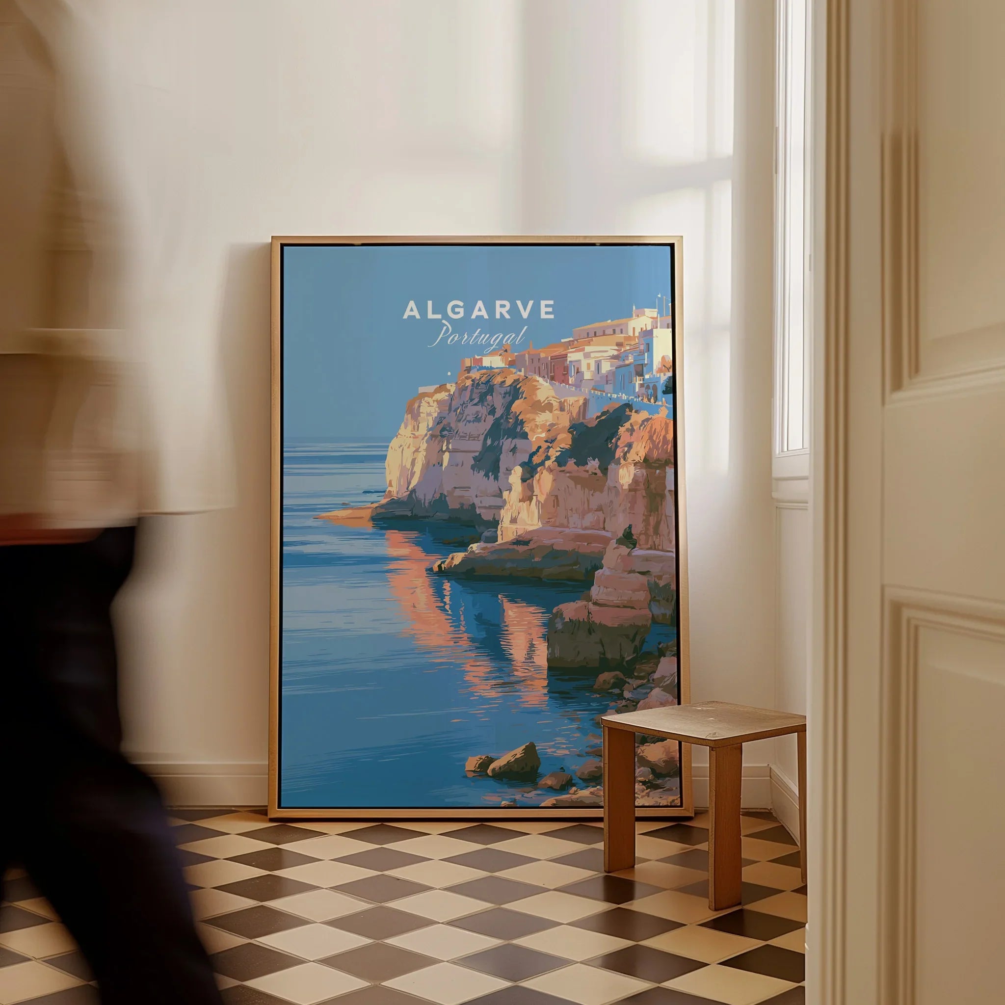 Algarve Portugal Coastal Cliffs Travel Poster — framed canvas on floor man walking past