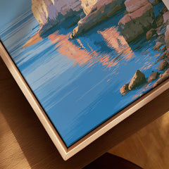 Algarve Portugal Coastal Cliffs Travel Poster — closeup framed canvas natural wood floating frame