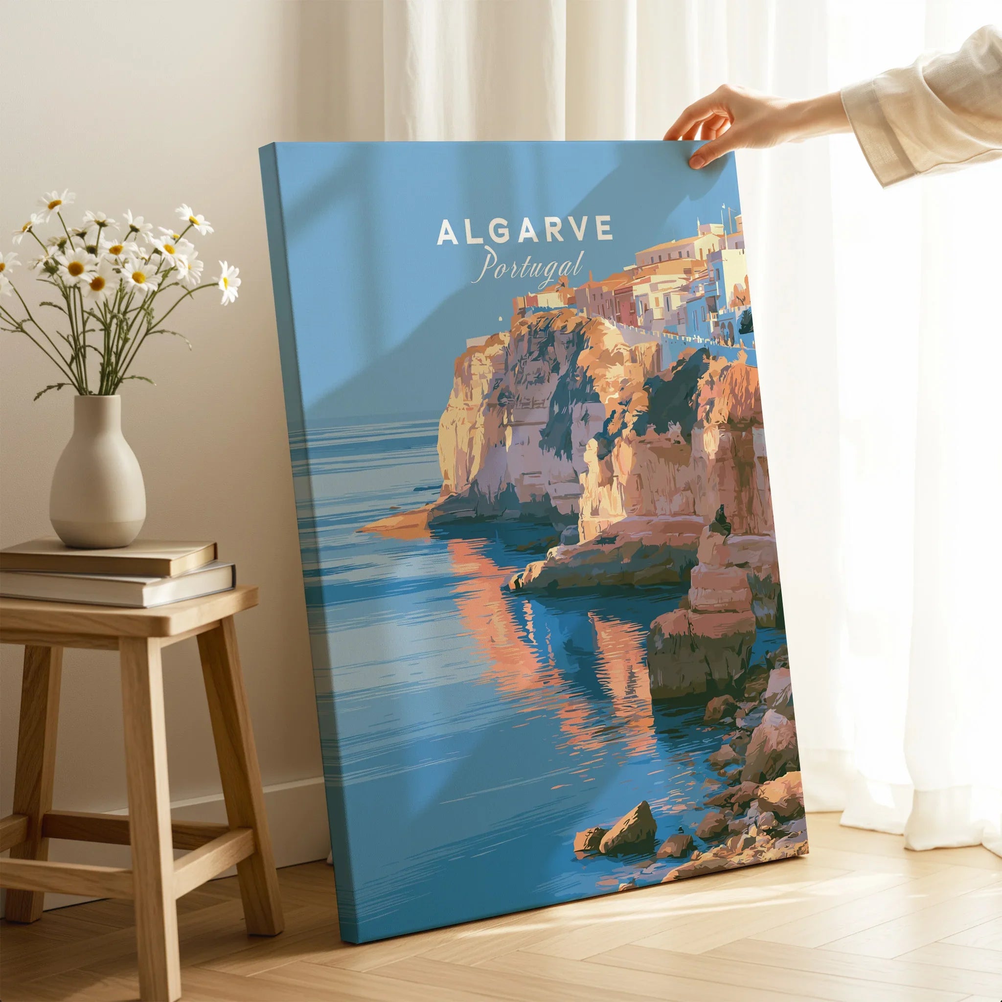 Algarve Portugal Coastal Cliffs Travel Poster — canvas print mirror edge hand holding room setting