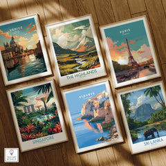 Algarve Portugal Coastal Cliffs Travel Poster — set six framed art prints wooden floor natural wood frames