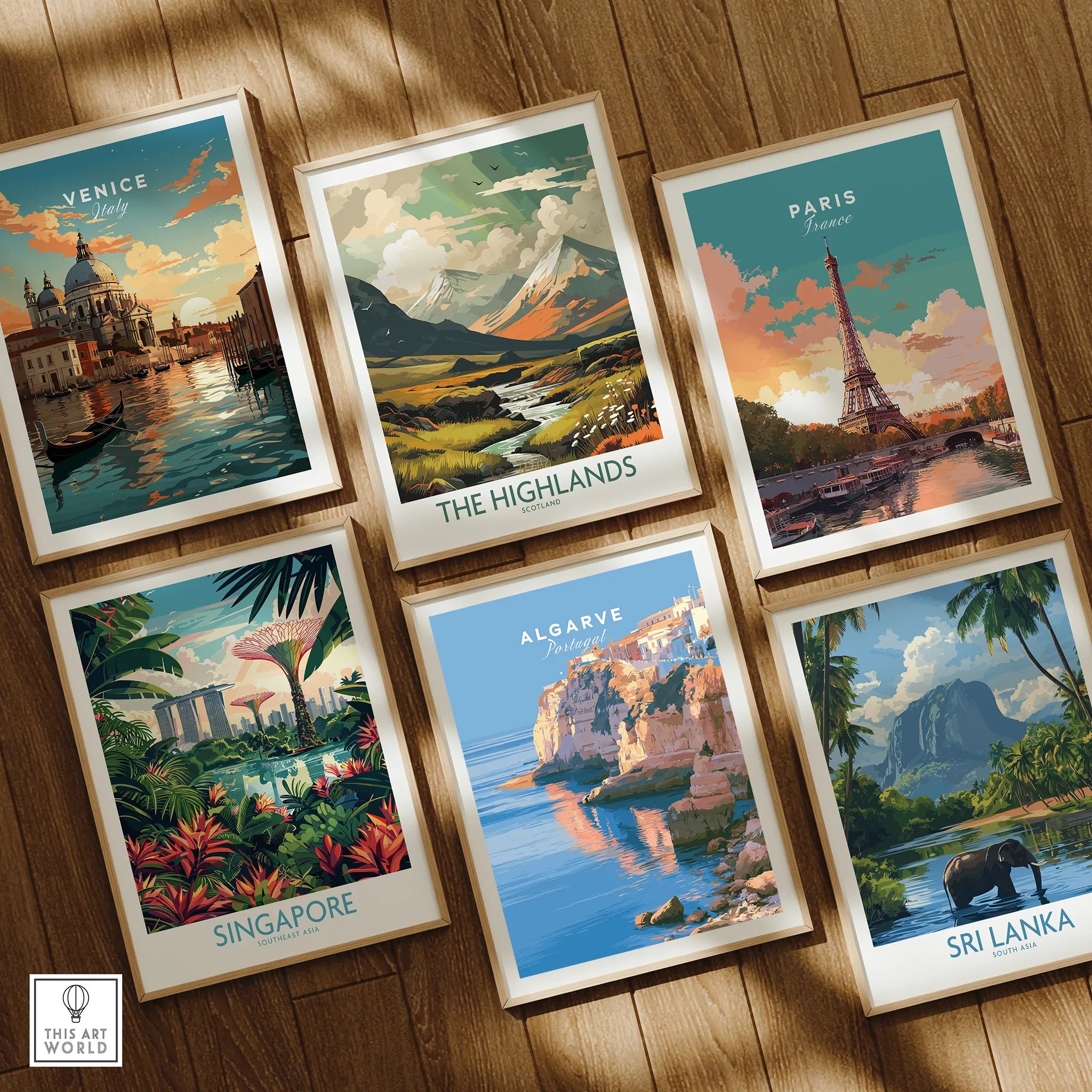 Algarve Portugal Coastal Cliffs Travel Poster — set six framed art prints wooden floor natural wood frames