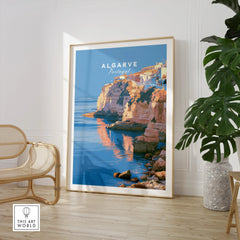 Algarve Portugal Coastal Cliffs Travel Poster — large framed print room setting chair plant