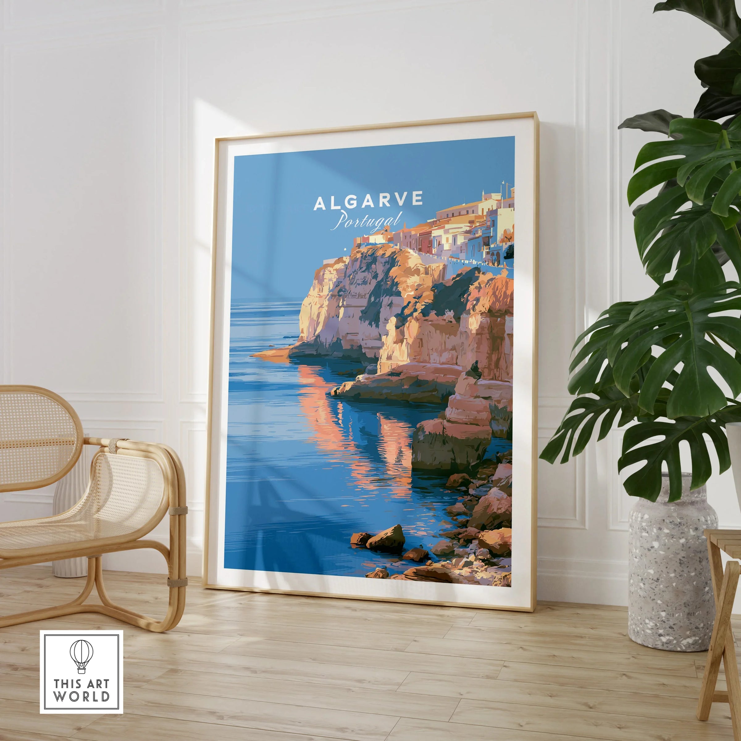 Algarve Portugal Coastal Cliffs Travel Poster — large framed print room setting chair plant