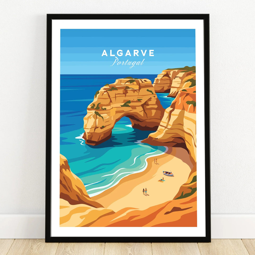 Algarve Portugal Praia da Marinha Travel Poster — art print in black frame on wooden floor