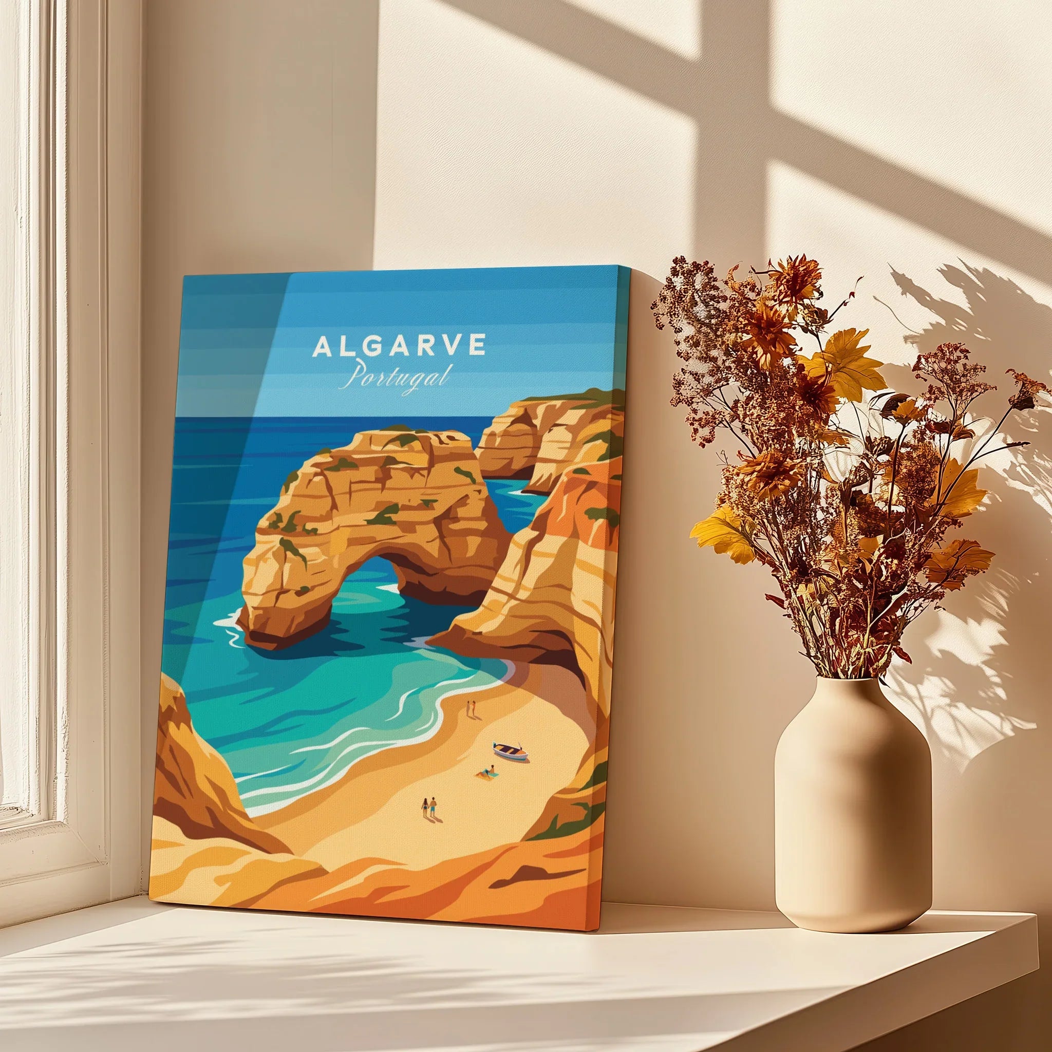 Algarve Portugal Praia da Marinha Travel Poster — canvas print window setting with shadows flowers