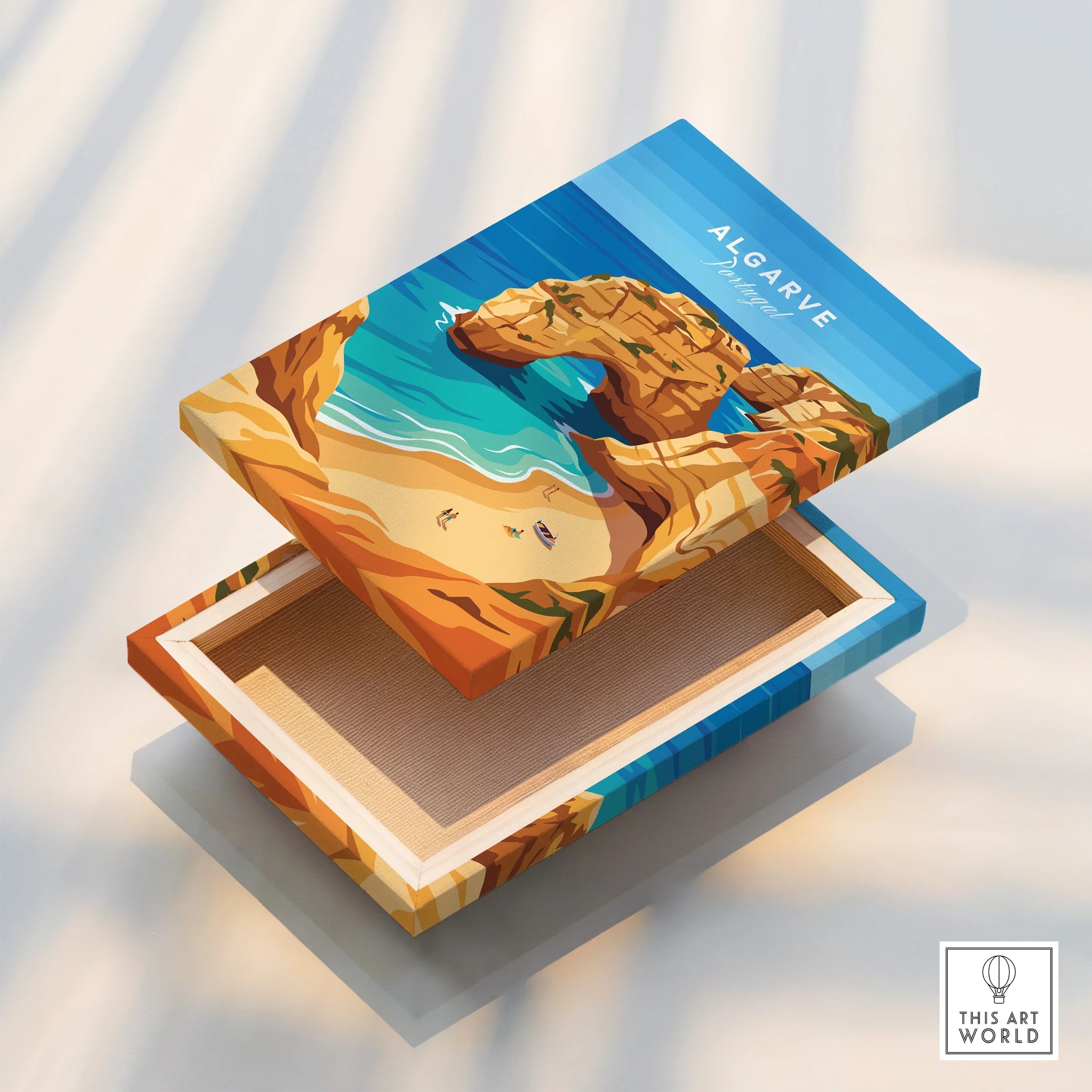 Algarve Portugal Praia da Marinha Travel Poster — stretched canvas print floating detail mirror edge