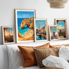 Algarve Portugal Praia da Marinha Travel Poster — set five framed artprints above bed natural wood frames
