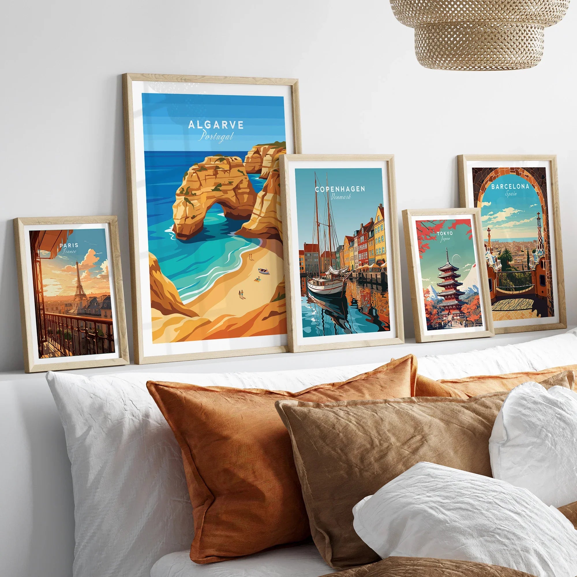 Algarve Portugal Praia da Marinha Travel Poster — set five framed artprints above bed natural wood frames