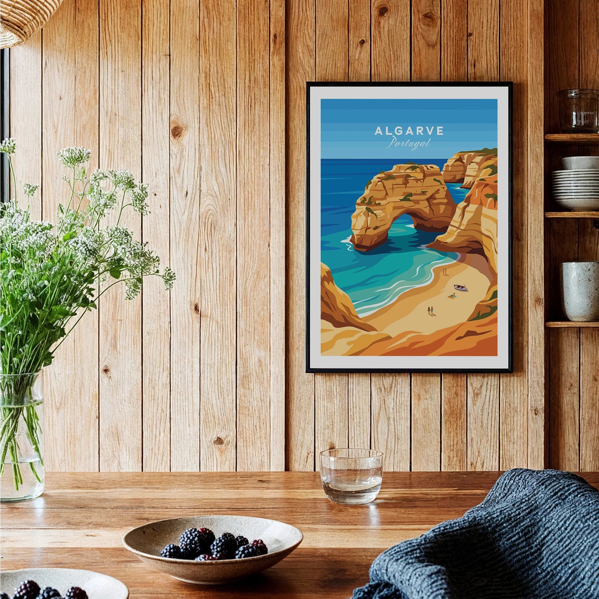 Algarve Portugal Praia da Marinha Travel Poster — black framed art print kitchen setting