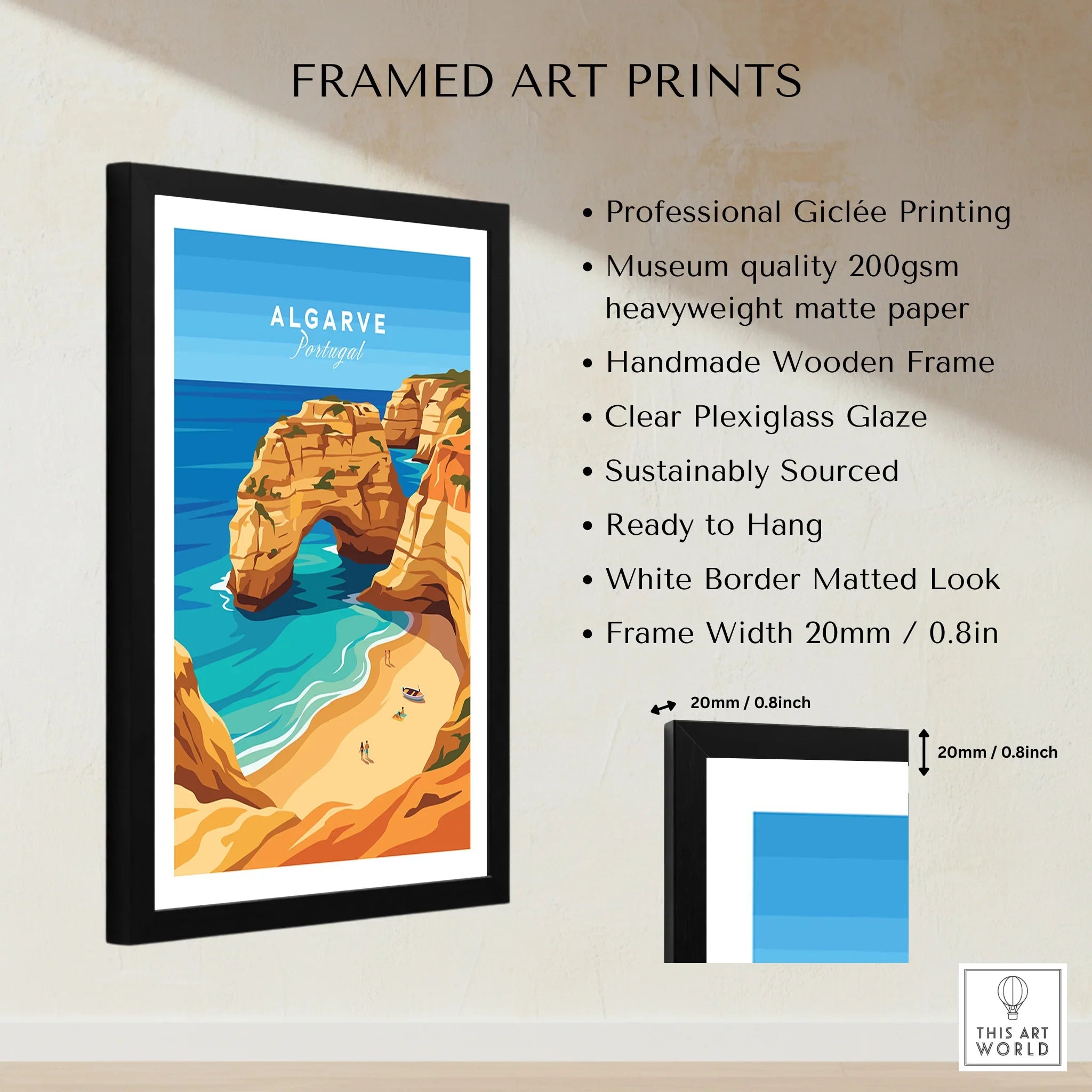 Algarve Portugal Praia da Marinha Travel Poster — framed print details measurements quality details