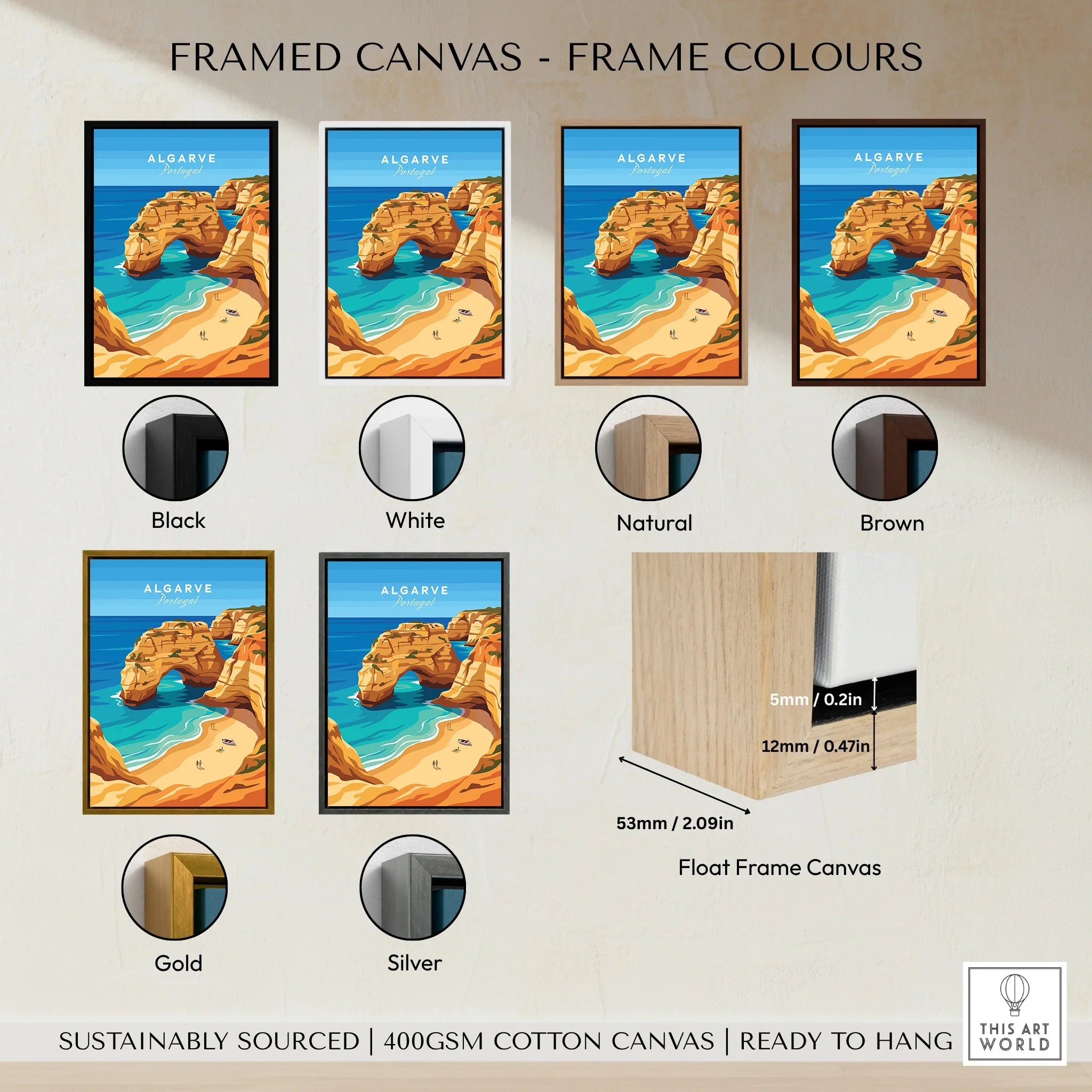 Algarve Portugal Praia da Marinha Travel Poster — framed canvas float frame colour options