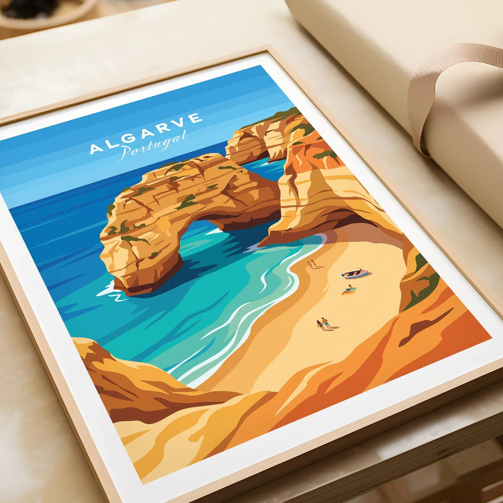 Algarve Portugal Praia da Marinha Travel Poster — framed art print closeup gift unwrapped natural frame
