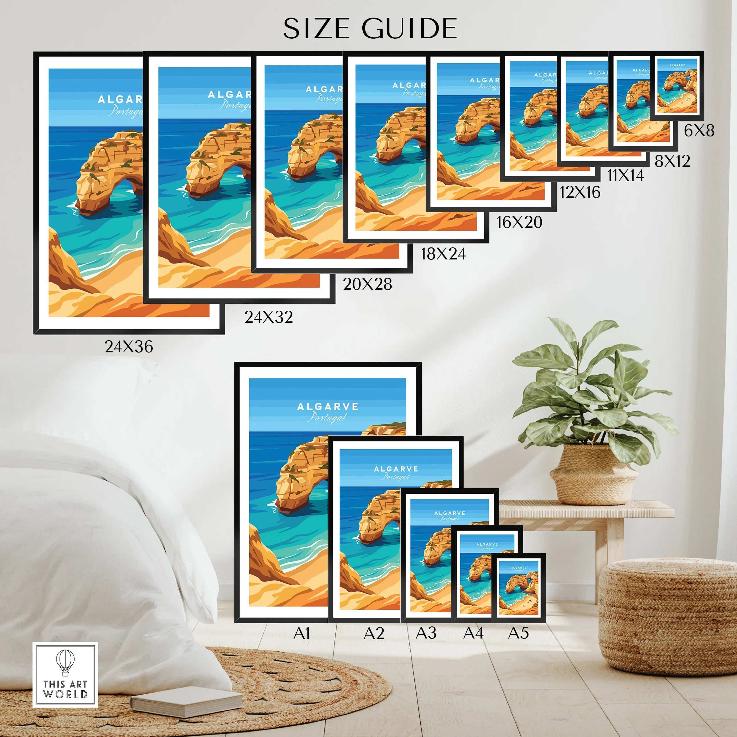 Algarve Portugal Praia da Marinha Travel Poster — wall art poster size guide thisartworld
