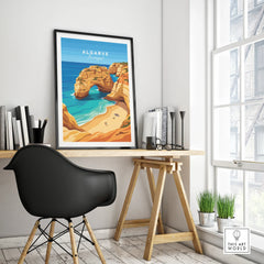 Algarve Portugal Praia da Marinha Travel Poster — framed poster black frame on office desk modern