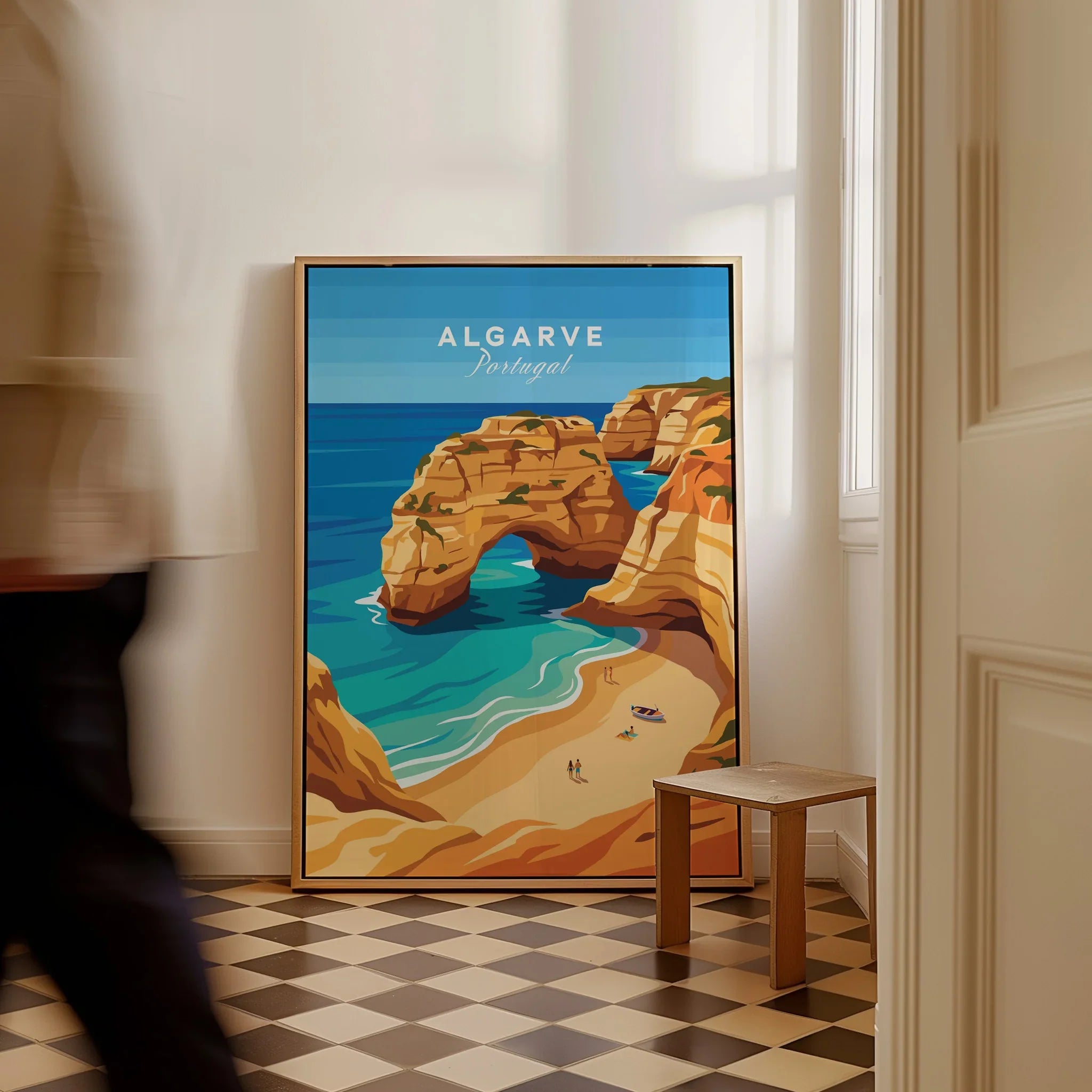 Algarve Portugal Praia da Marinha Travel Poster — framed canvas on floor man walking past