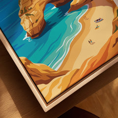 Algarve Portugal Praia da Marinha Travel Poster — closeup framed canvas natural wood floating frame