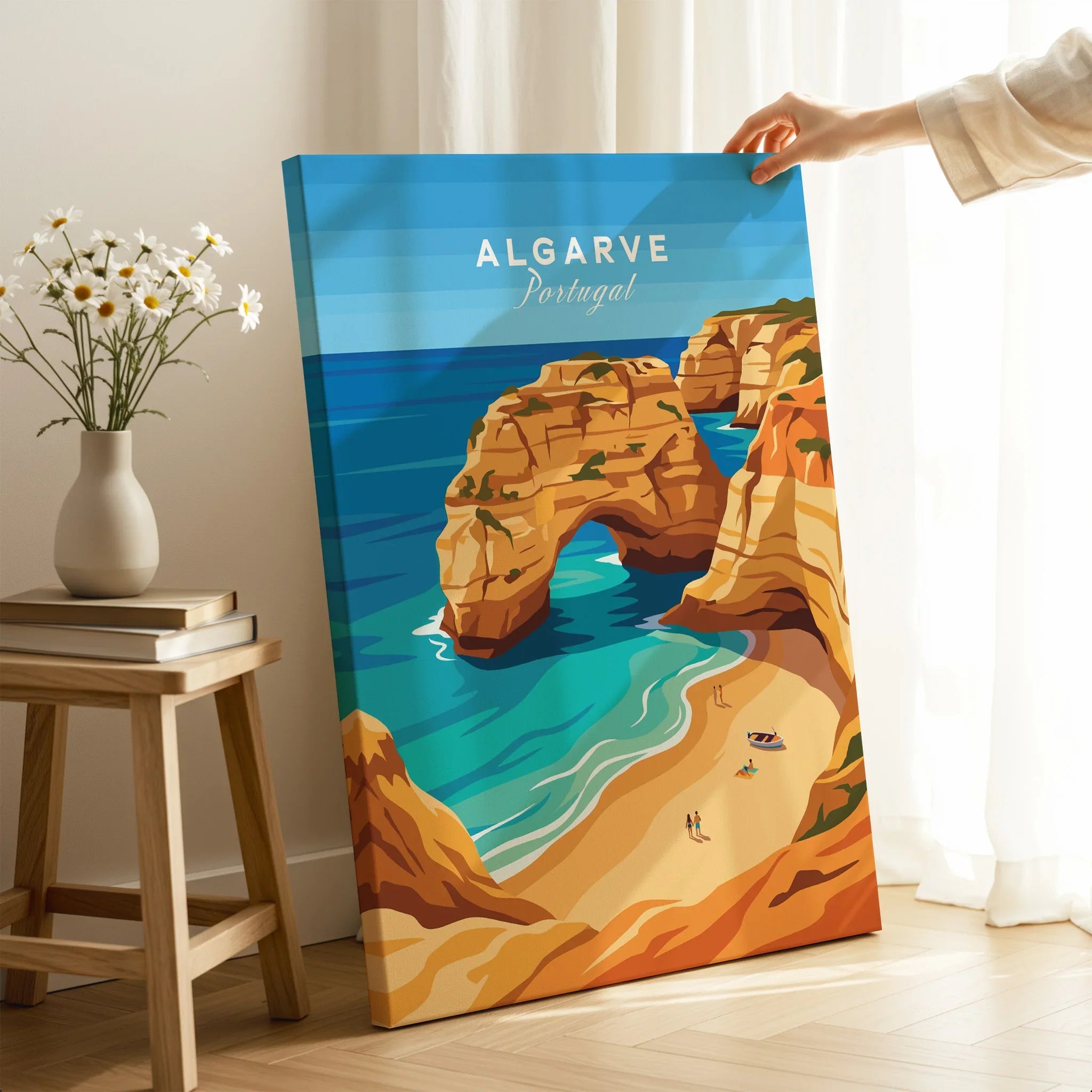 Algarve Portugal Praia da Marinha Travel Poster — canvas print mirror edge hand holding room setting