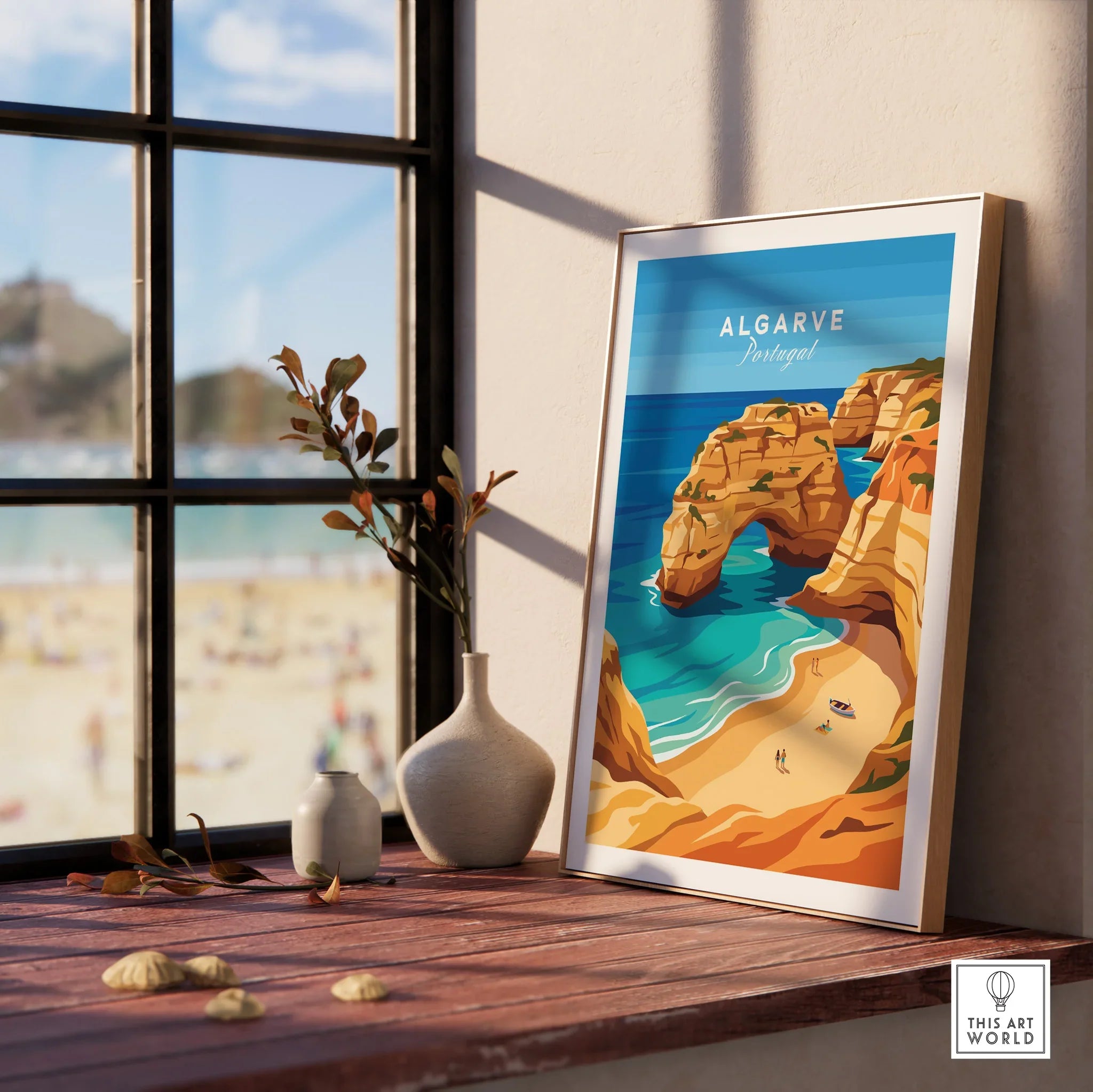 Algarve Portugal Praia da Marinha Travel Poster — framed print window view natural wood frame