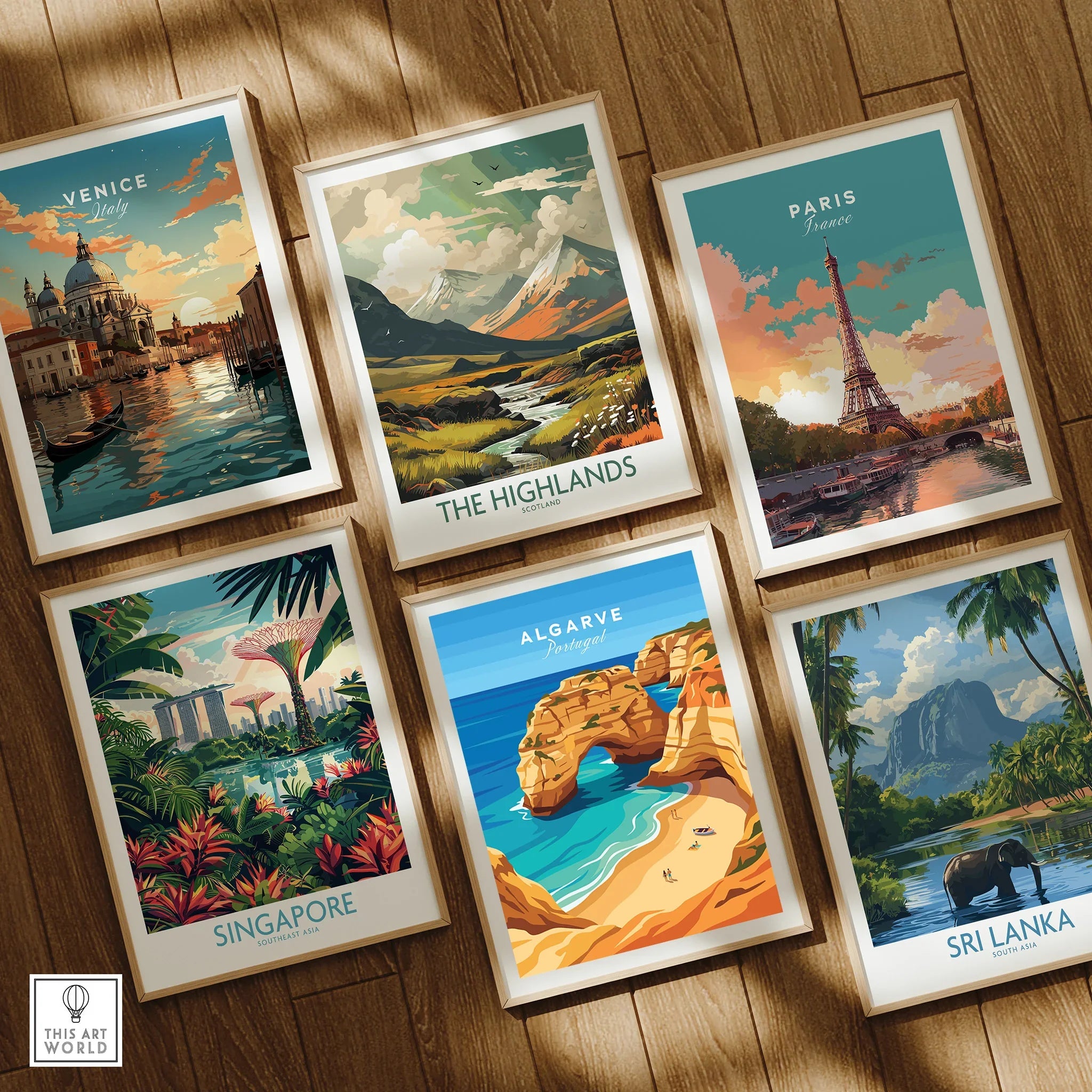 Algarve Portugal Praia da Marinha Travel Poster — set six framed art prints wooden floor natural wood frames