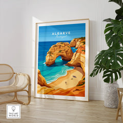 Algarve Portugal Praia da Marinha Travel Poster — large framed print room setting chair plant