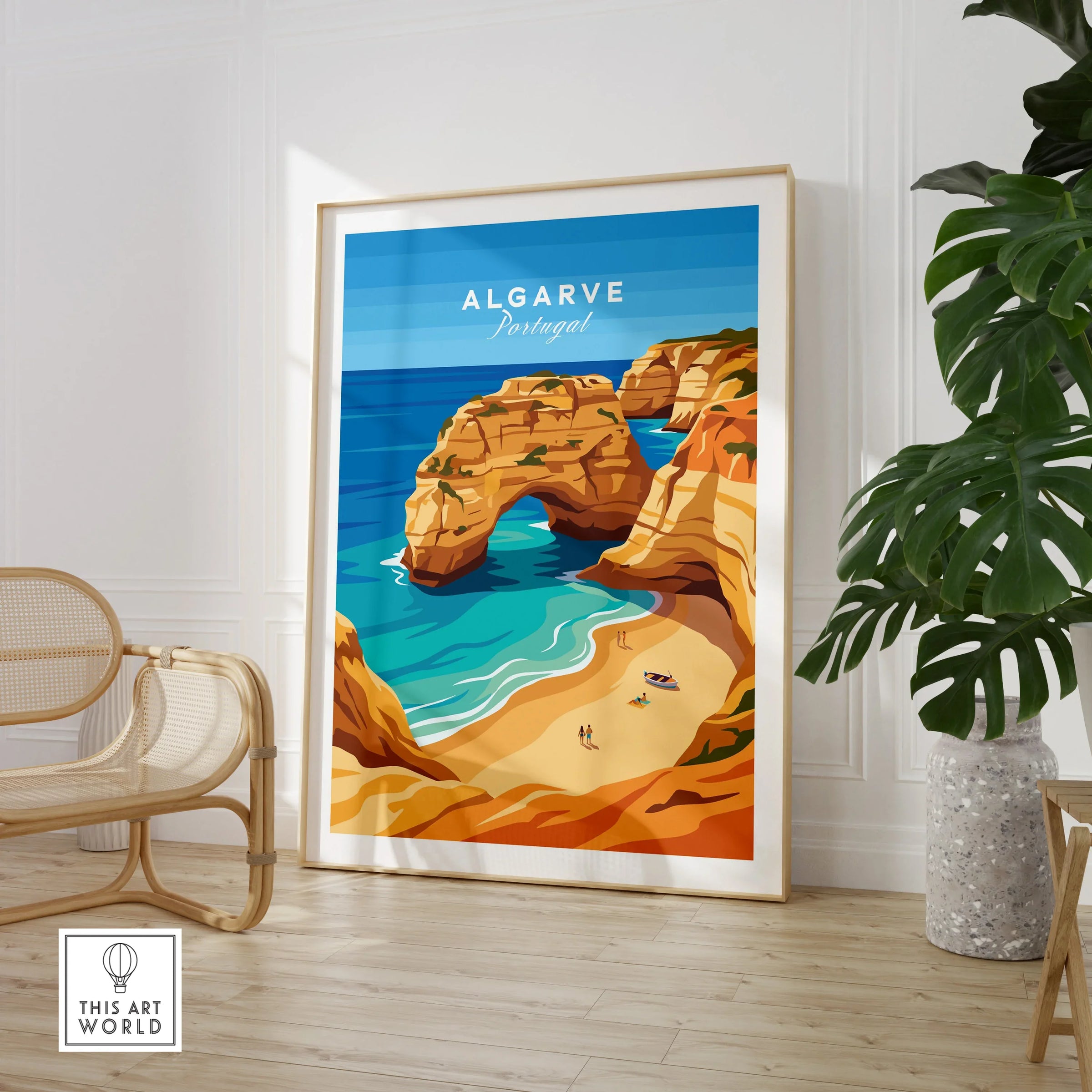 Algarve Portugal Praia da Marinha Travel Poster — large framed print room setting chair plant
