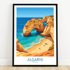 Algarve Portugal Praia da Marinha Wall Art — art print in black frame on wooden floor