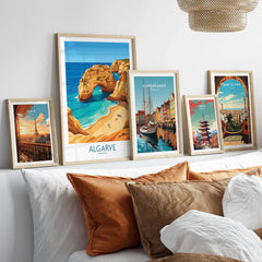 Algarve Portugal Praia da Marinha Wall Art — set five framed artprints above bed natural wood frames