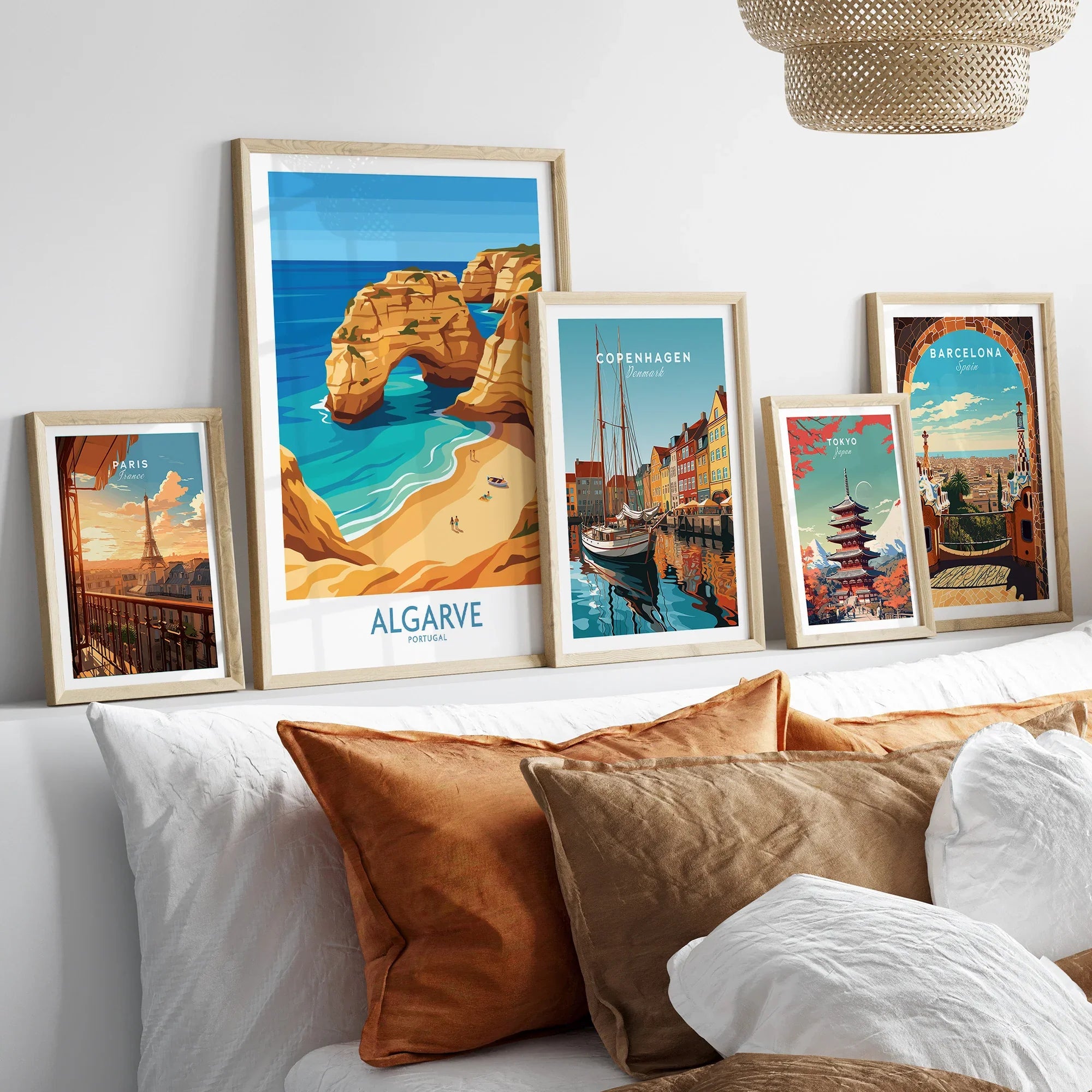Algarve Portugal Praia da Marinha Wall Art — set five framed artprints above bed natural wood frames