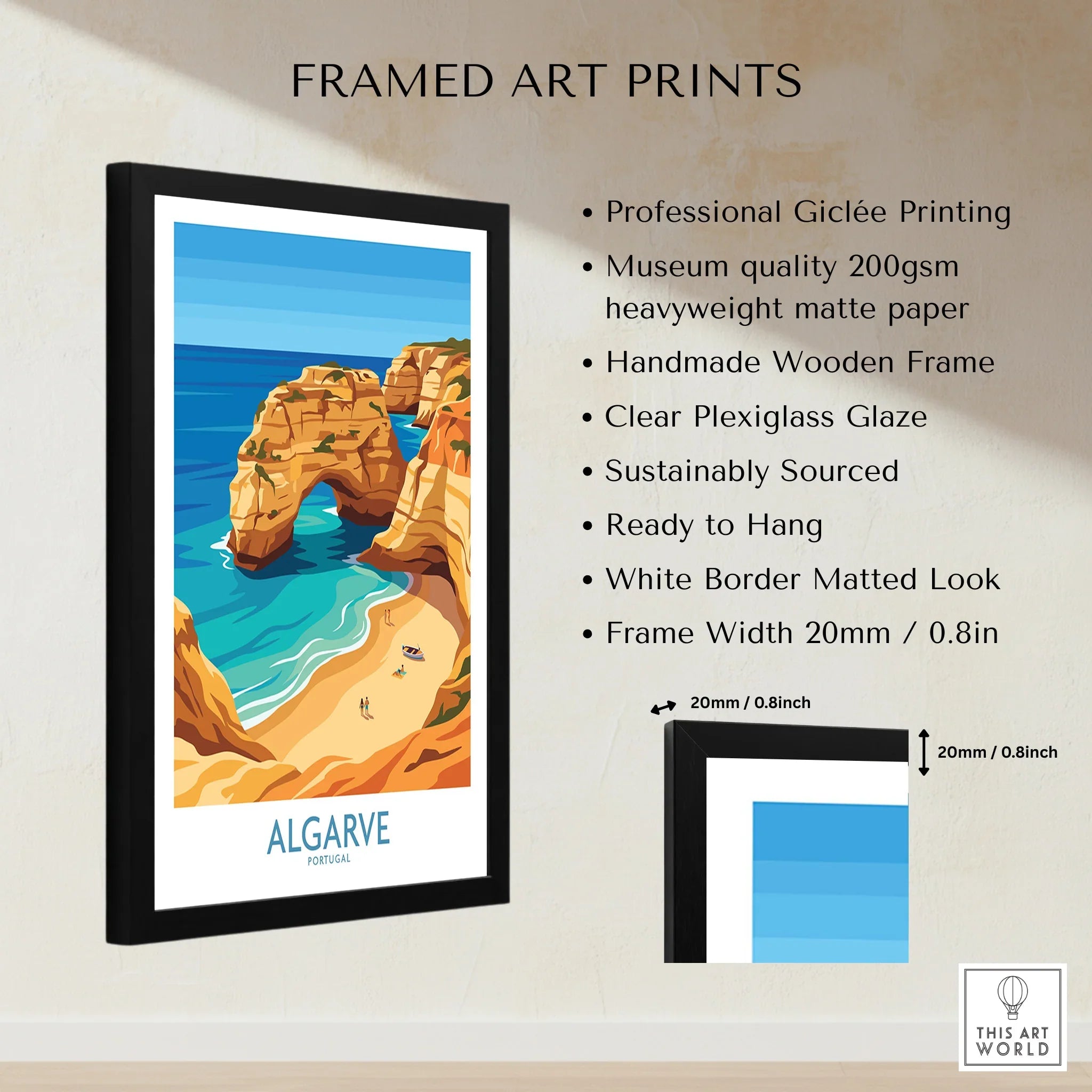 Algarve Portugal Praia da Marinha Wall Art — framed print details measurements quality details