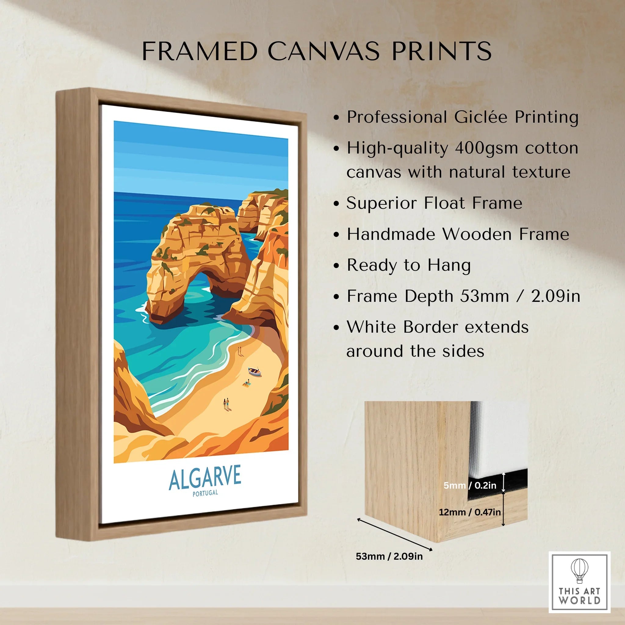 Algarve Portugal Praia da Marinha Wall Art — framed canvas float frame details quality
