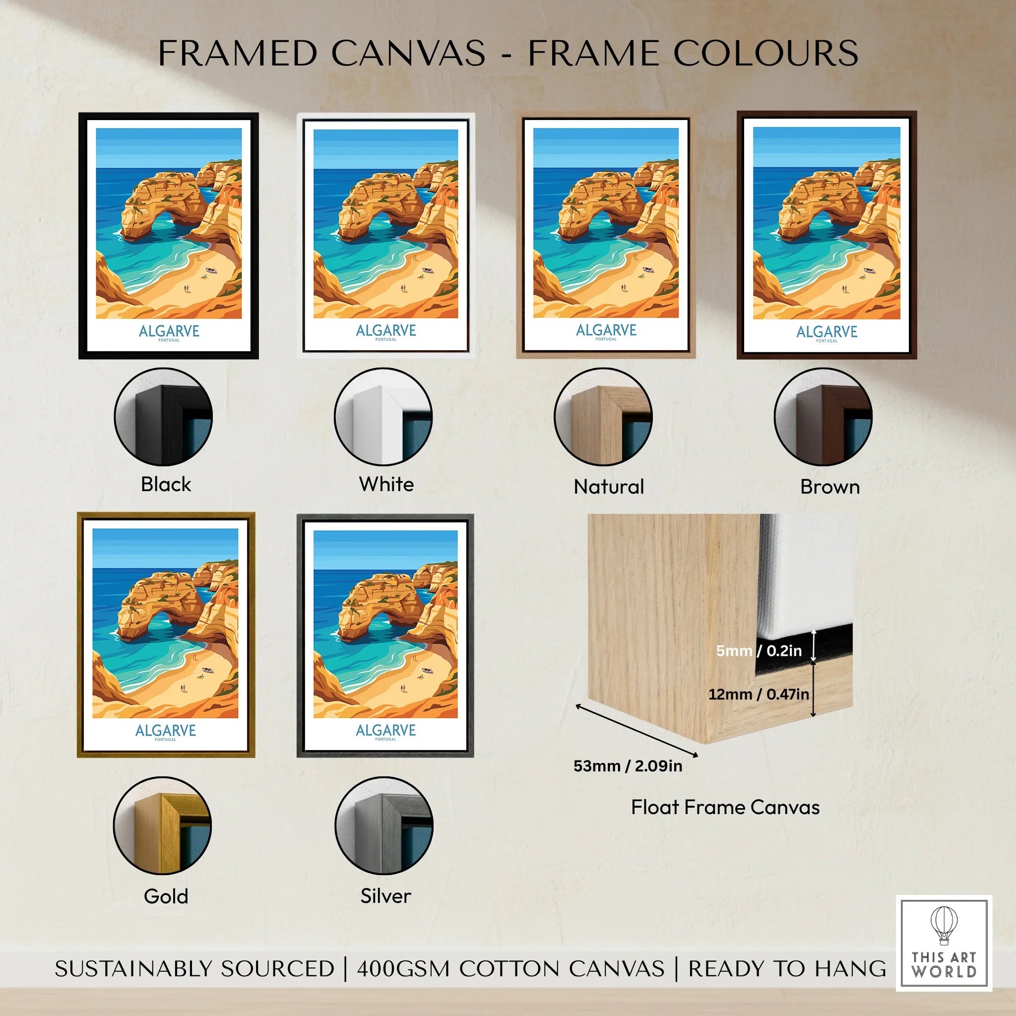 Algarve Portugal Praia da Marinha Wall Art — framed canvas float frame colour options
