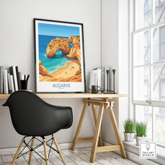 Algarve Portugal Praia da Marinha Wall Art — framed poster black frame on office desk modern