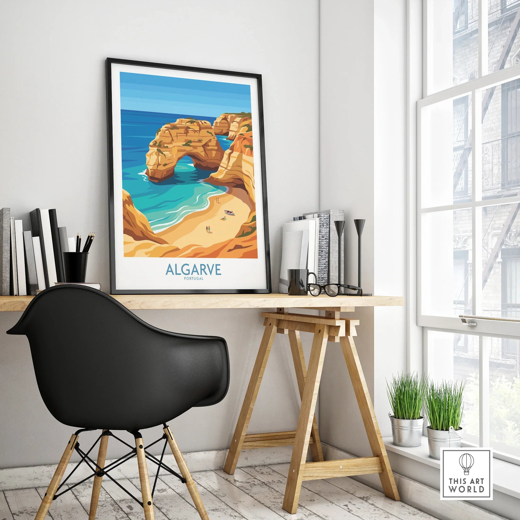 Algarve Portugal Praia da Marinha Wall Art — framed poster black frame on office desk modern