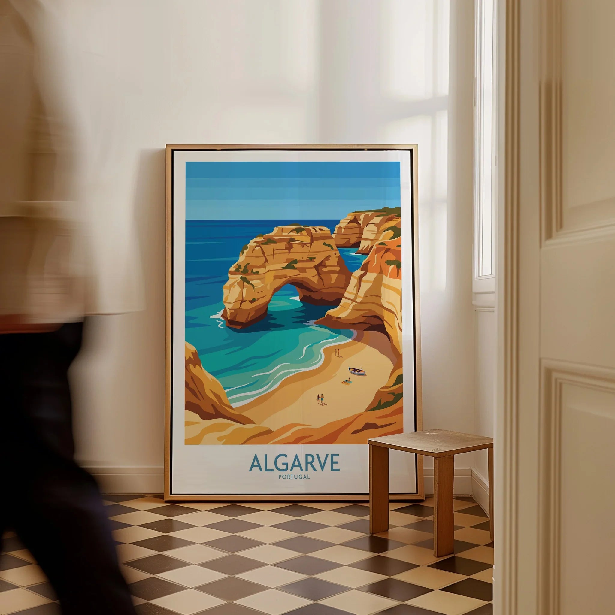 Algarve Portugal Praia da Marinha Wall Art — framed canvas on floor man walking past