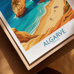 Algarve Portugal Praia da Marinha Wall Art — closeup framed canvas natural wood floating frame
