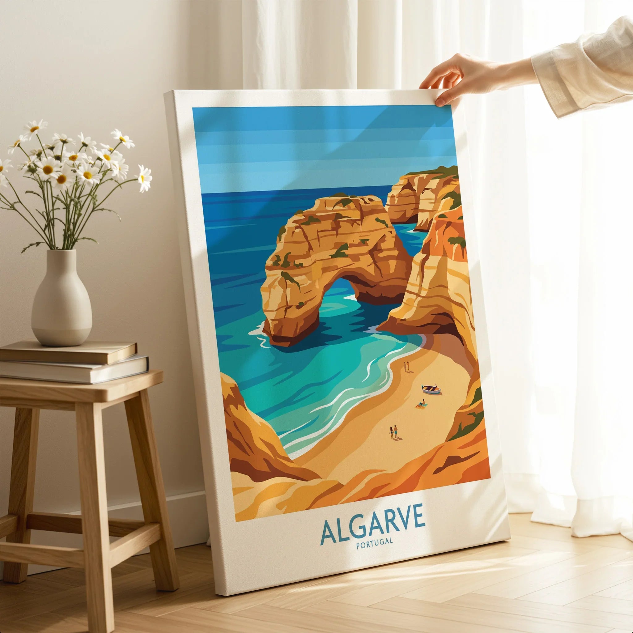 Algarve Portugal Praia da Marinha Wall Art — canvas print mirror edge hand holding room setting