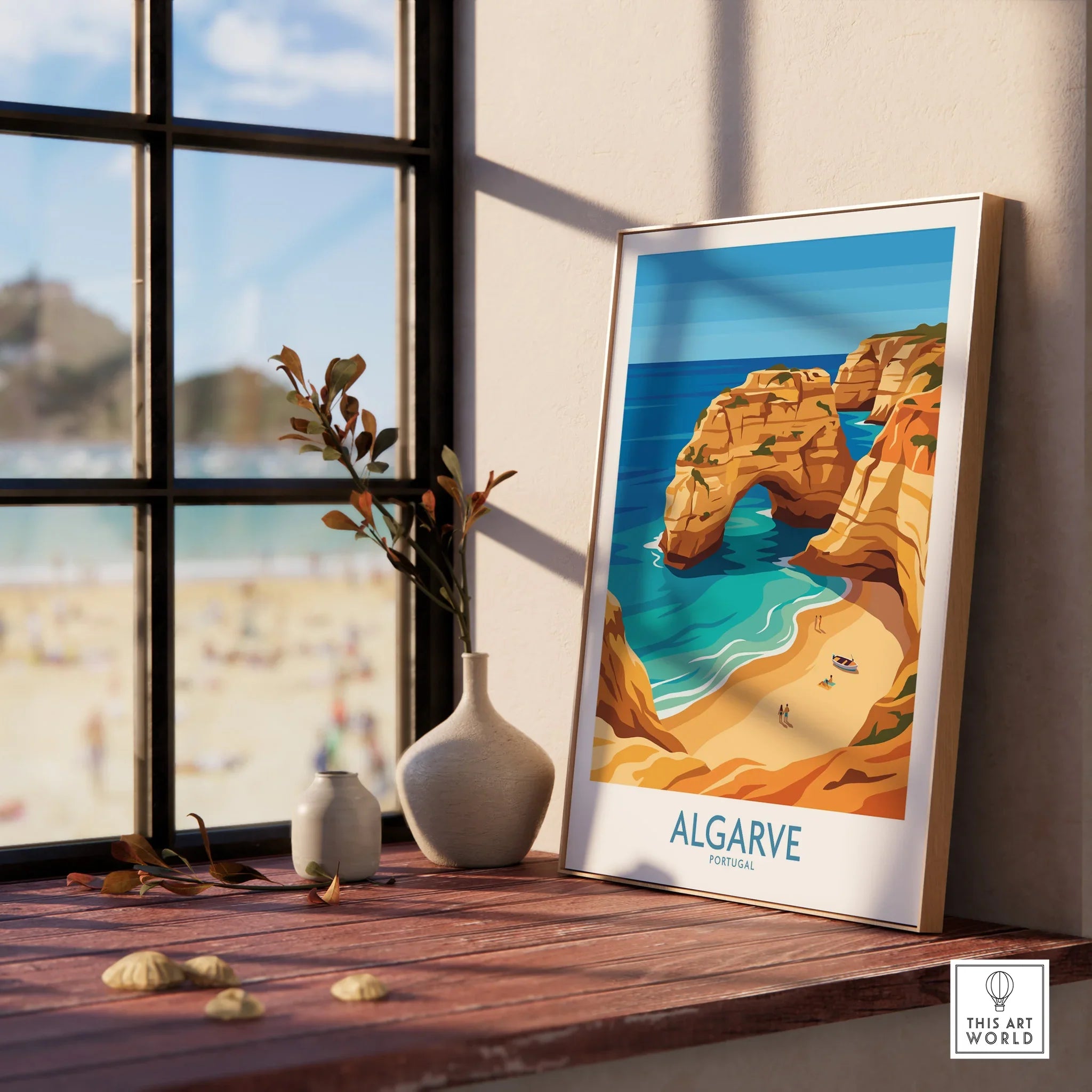 Algarve Portugal Praia da Marinha Wall Art — framed print window view natural wood frame
