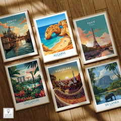 Algarve Portugal Praia da Marinha Wall Art — set six framed art prints wooden floor natural wood frames