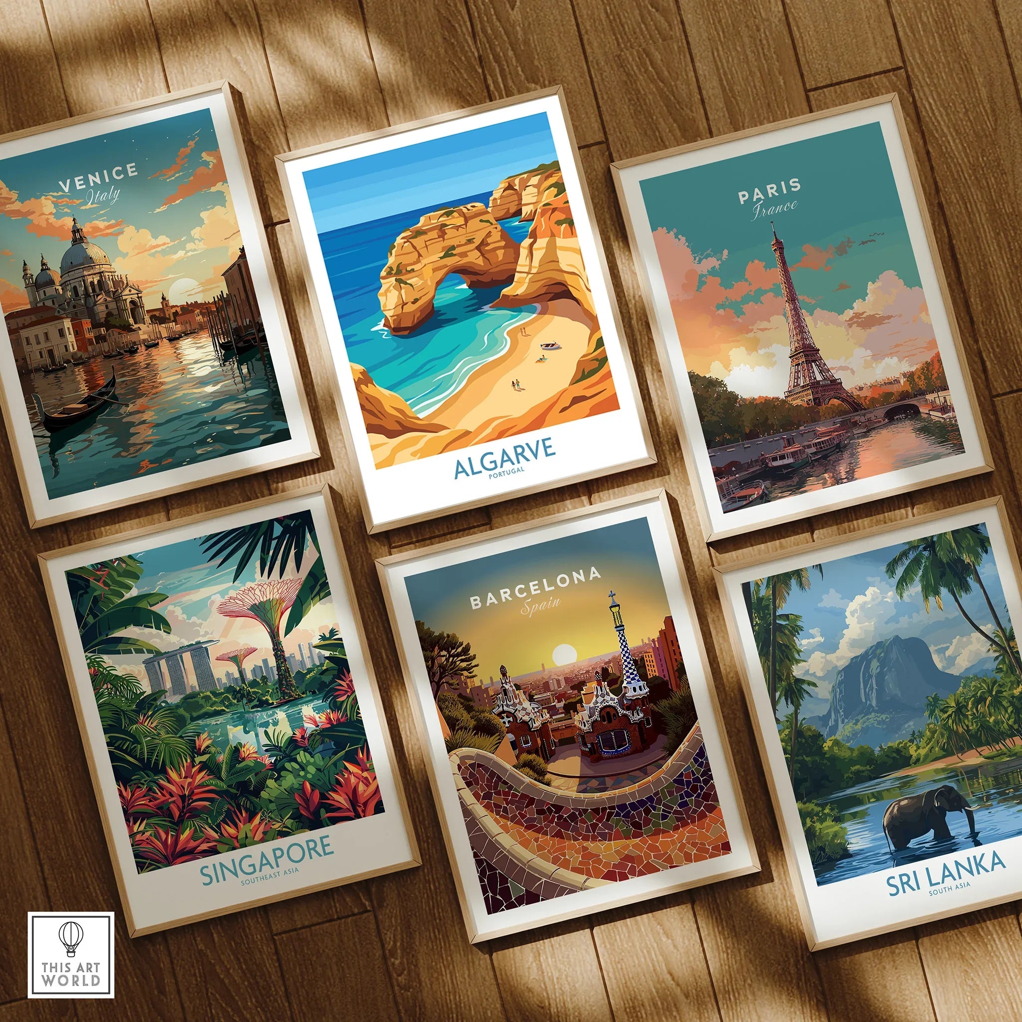 Algarve Portugal Praia da Marinha Wall Art — set six framed art prints wooden floor natural wood frames