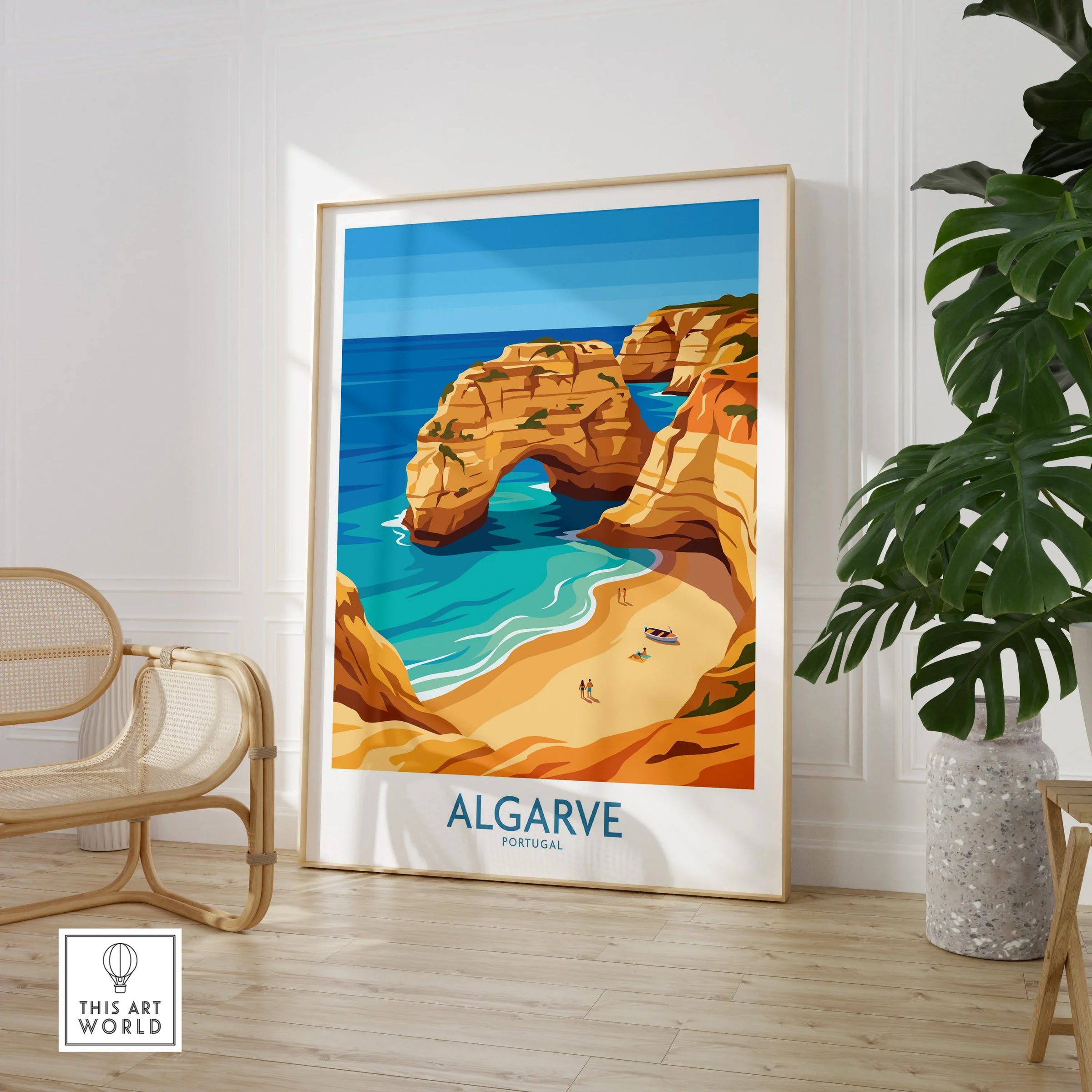Algarve Portugal Praia da Marinha Wall Art — large framed print room setting chair plant