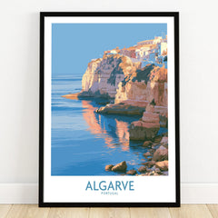 Algarve Portugal Seaside Cliffs Wall Art — art print in black frame on wooden floor
