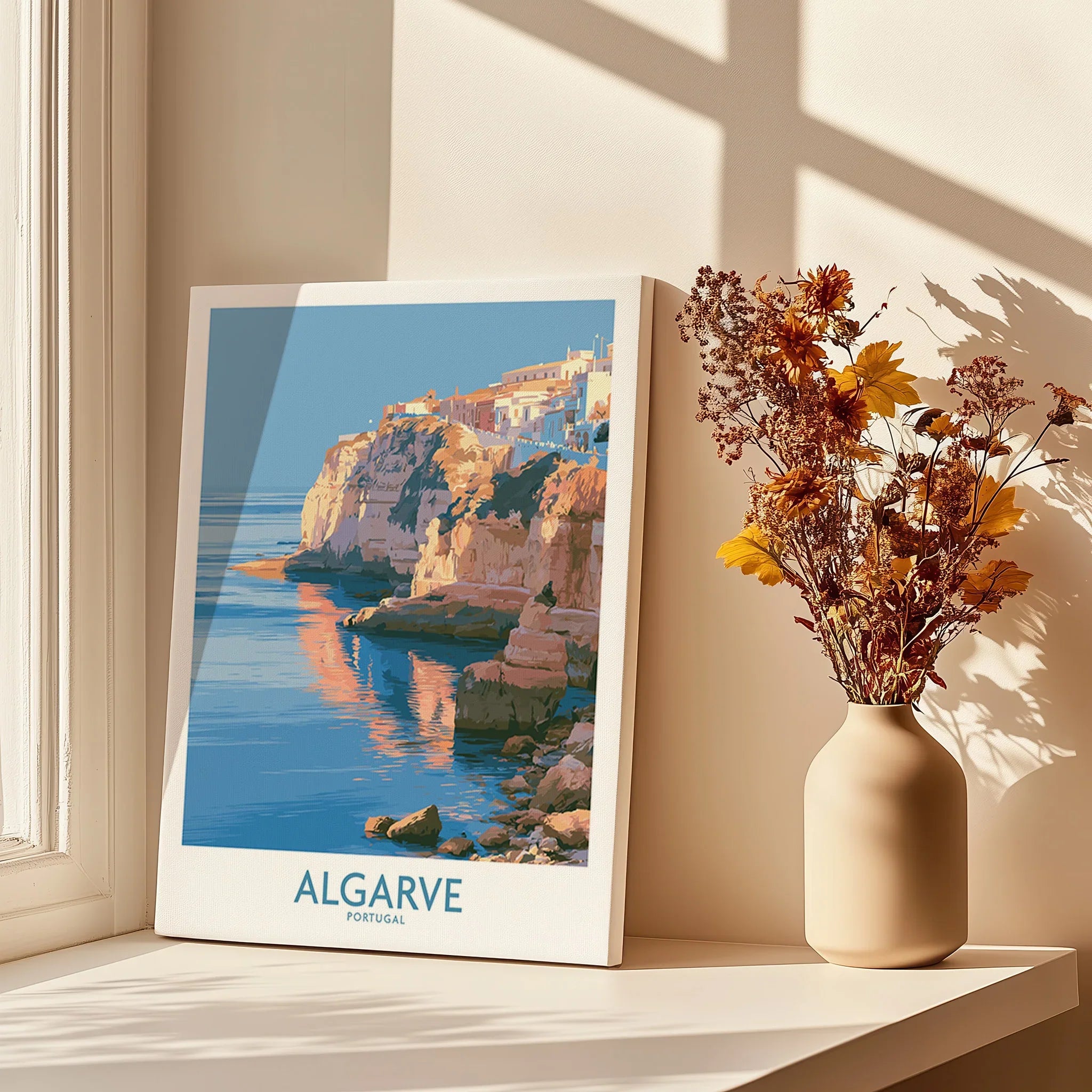 Algarve Portugal Seaside Cliffs Wall Art — canvas print window setting with shadows flowers