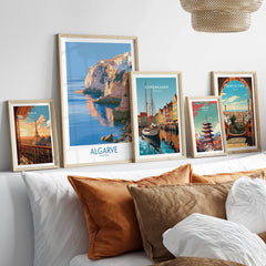 Algarve Portugal Seaside Cliffs Wall Art — set five framed artprints above bed natural wood frames