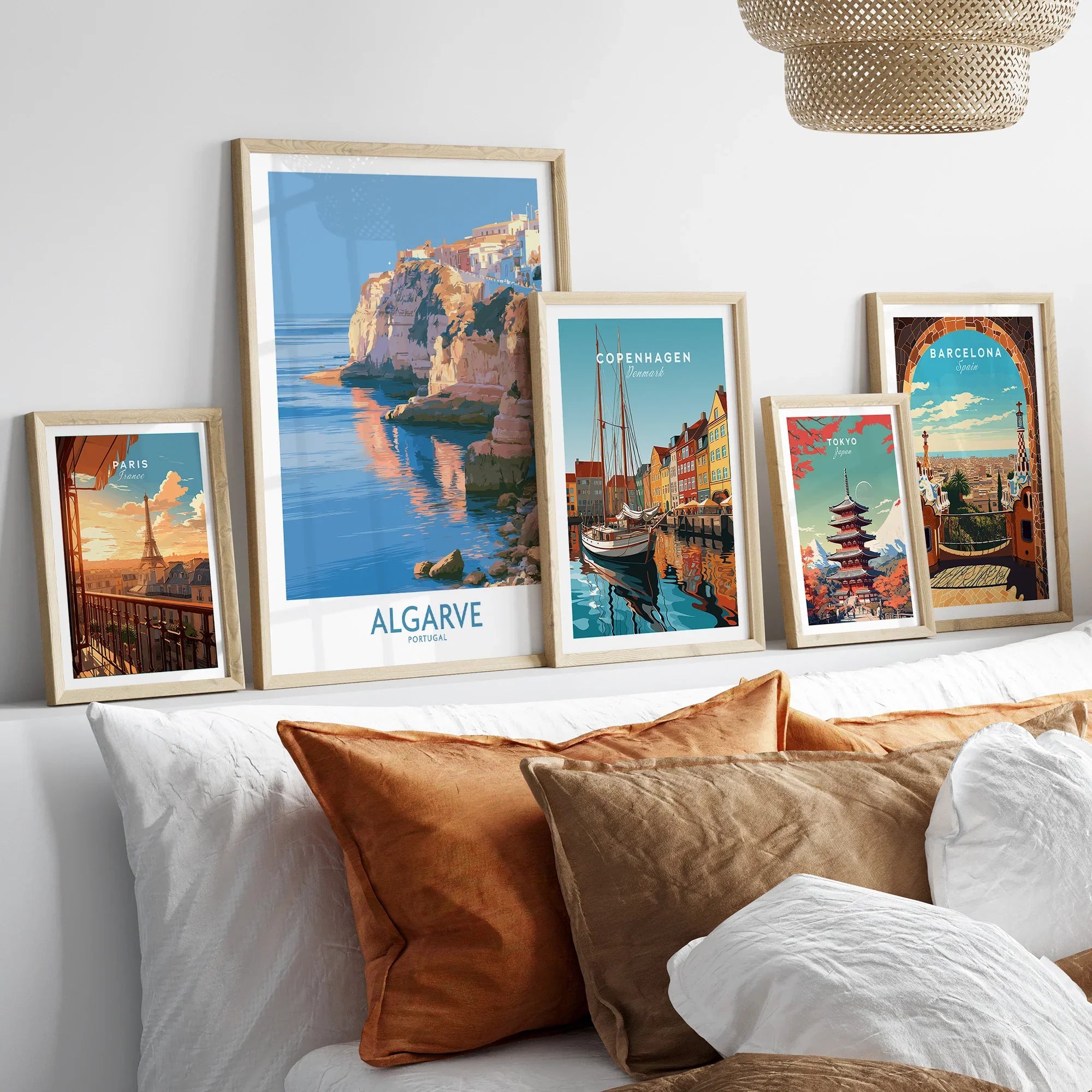 Algarve Portugal Seaside Cliffs Wall Art — set five framed artprints above bed natural wood frames