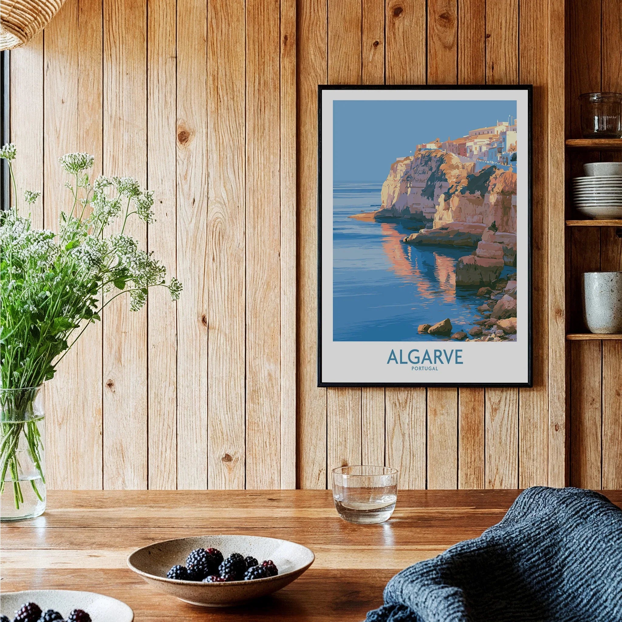 Algarve Portugal Seaside Cliffs Wall Art — black framed art print kitchen setting